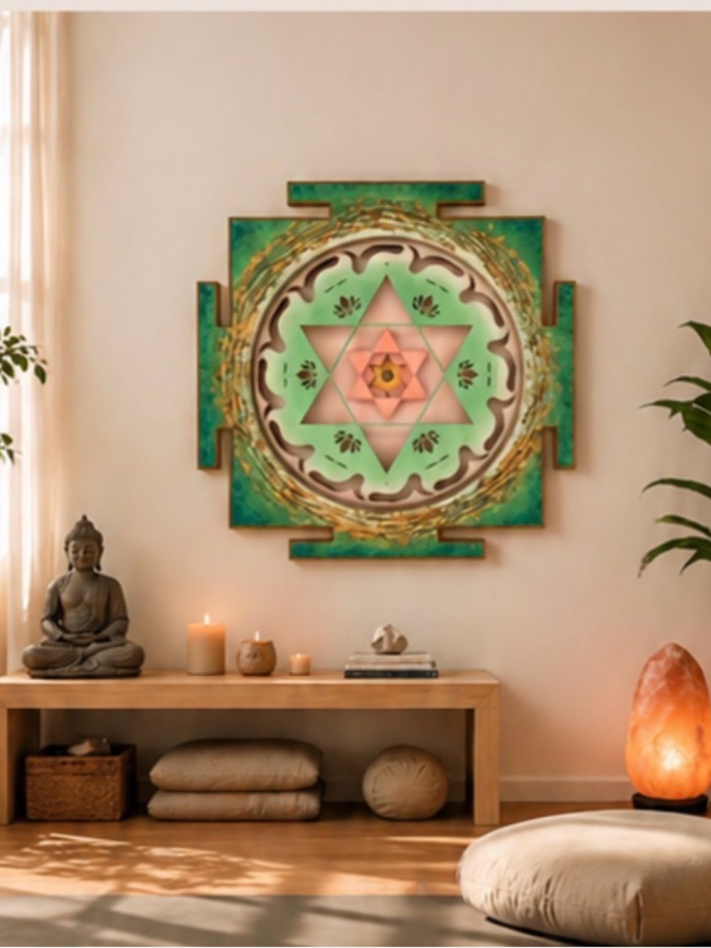 Geometric Mandala Wooden Wall Art in Green and Pink, Yoga studio